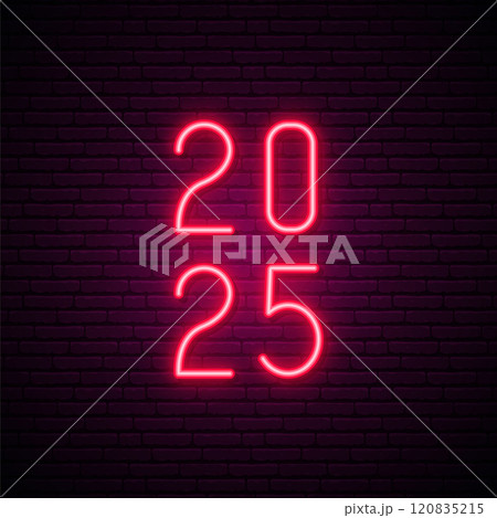 Neon lights forming 2025 against brick wall 120835215