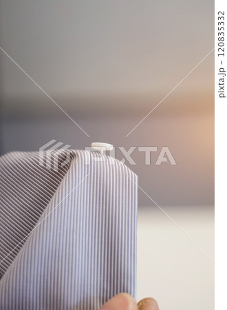 Plastic button on shirt. Plastic button on shirt. 120835332