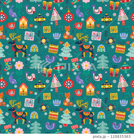 Scandinavian winter, seamless pattern, winter, fir trees, deer, birds, snowflakes, Christmas tree decorations Scandinavian winter, seamless pattern, winter, fir trees, deer, birds, snowflakes, Christmas tree decorations 120835363