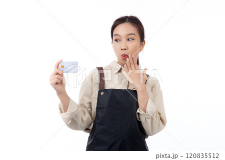 Portrait happiness young asian woman wearing apron holding credit card isolated. Portrait happiness young asian woman wearing apron holding credit card isolated. 120835512