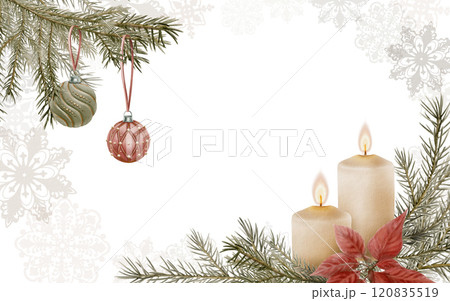 Vintage Christmas template with wax candles with wicks and flames,red Poinsettia flower,spruce sprigs,tree balls and snowflakes on white.Hand drawn illustration for greetings, cards and invitations 120835519