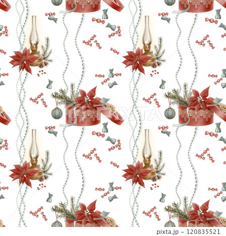 Vintage christmas seamless pattern round hat box with lid covered in red velvet with lace ribbon with a spruce branch and Christmas tree balls,poinsettias,sweets,old glow lamp,berries,pearl beads 120835521