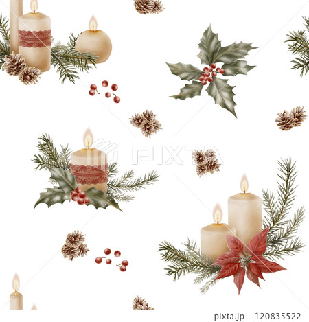 Christmas vintage vintage seamless pattern of candle compositions with flames, openwork lace ribbon with spruce branches, pinecones, sharpleaf with berries.Hand drawn watercolor illustrations on white 120835522