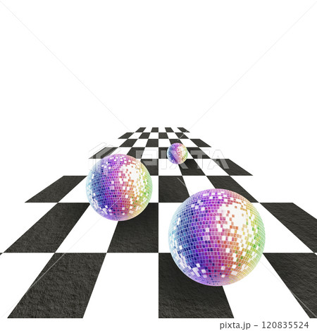 Disco balls in chaotic motion in perspective across a checkerboard surface bi-directional.Realistic style of watercolor illustration for for music covers,postcards, flyers in the style of 80s,90s 120835524