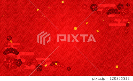 紙吹雪と青海波文様の赤背景イラスト　和柄　年賀　正月　和風 120835532
