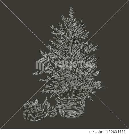 Christmas tree with gifts sketch style drawing. Hand drawn in hatching style. Chalk drawings on graphic board. Christmas and New Year cards design on gray background 120835551