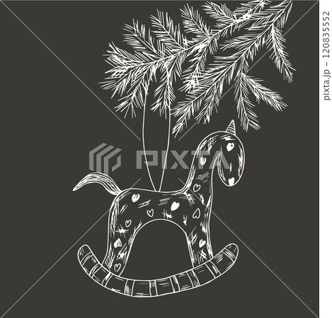 Toy horse hanging on a pine tree branch, drawn in sketch style. Vintage Christmas and New Year card on a gray background 120835552