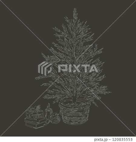 Christmas tree with gifts sketch style drawing. Hand drawn in hatching style. Chalk drawings on graphic board. Christmas and New Year cards design on gray background 120835553