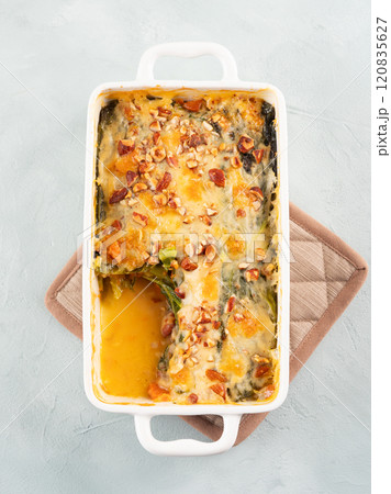 Baked squash and savoy cabbage casserole vegetarian lasagna 120835627