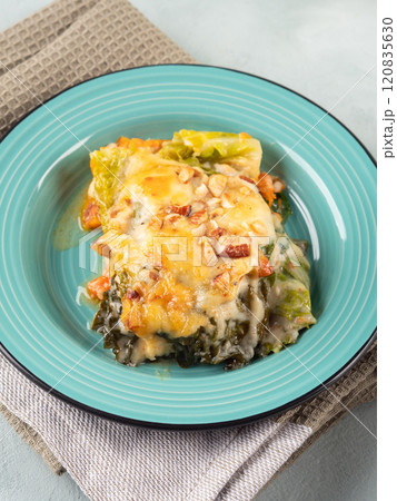 Baked squash and savoy cabbage casserole vegetarian lasagna Baked squash and savoy cabbage casserole vegetarian lasagna 120835630