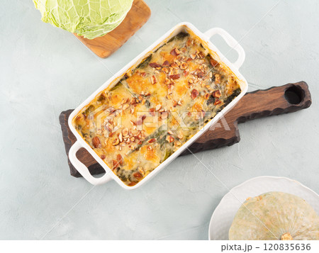 Baked squash and savoy cabbage casserole vegetarian lasagna 120835636