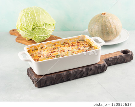 Baked squash and savoy cabbage casserole vegetarian lasagna Baked squash and savoy cabbage casserole vegetarian lasagna 120835637
