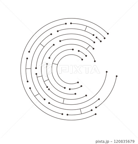Circuit radial board line microchip, software. Integrated motherboard, connections. Innovative Electronic Network. Technology background, design elements Round shape consisting of dots and lines 120835679