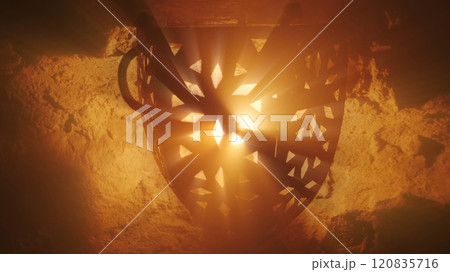 Old lantern with warm light rays in of old castle 120835716