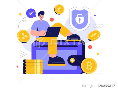 Cryptocurrency Vector Illustration featuring a Pile of Coins, Digital Currency Wallet Technology, and Cryptocurrency Bitcoin in a Flat Background 120835817