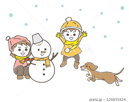 雪だるまを作って遊ぶ男の子と女の子と犬 120835824