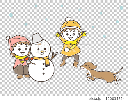 雪だるまを作って遊ぶ男の子と女の子と犬 120835824