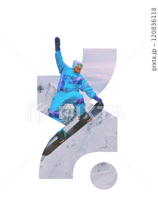 Contemporary art collage. Snowboarder in blue gear leaps into air, showcasing skill and passion for extreme winter sports. Snowy mountains on backdrop. 120836118