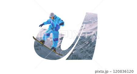 Contemporary art collage. Snowboarder in blue winter suit performs impressive aerial trick on snowy slope. Moment for winter sports enthusiasts. Contemporary art collage. Snowboarder in blue winter suit performs impressive aerial trick on snowy slope. Moment for winter sports enthusiasts. 120836120