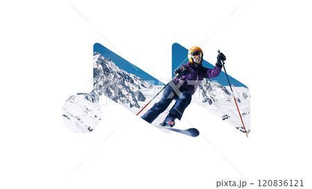 Contemporary art collage. Skier dressed in winter gear glides on snowy slopes against backdrop of rugged mountain peaks. Thrilling winter sports moment. 120836121