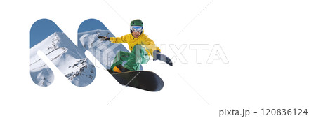Banner. Contemporary art collage. Snowboarder dressed in yellow jacket and green pants performs aerial trick on snowy mountain slope. 120836124