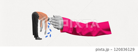 Contemporary art collage. Curled-up young man pushed by hand, illustrating struggles of stress and burnout. 120836129