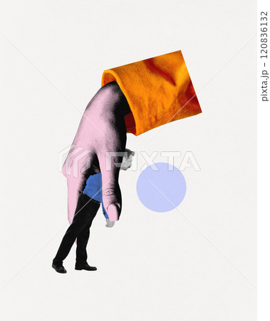 Contemporary art collage. Person leaning on oversized hand, symbolizing reliance on support during emotional hardships. 120836132