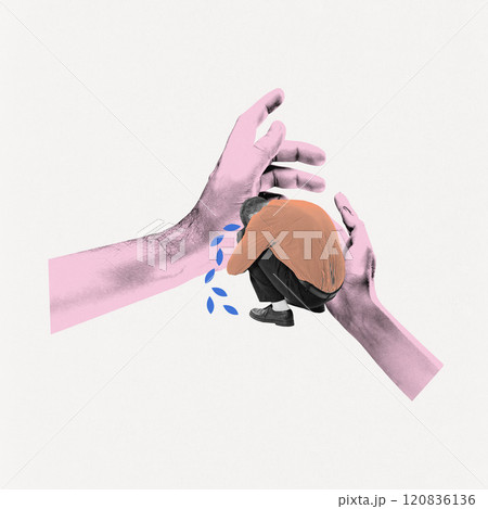 Contemporary art collage. Two hands holding curled-up person dressed official attire, symbolizing emotional support. 120836136