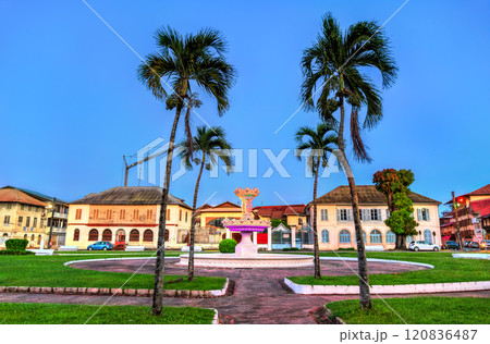 Montravel Fountain on Leopold Heder Square in Cayenne at sunset. French Guiana, South America 120836487