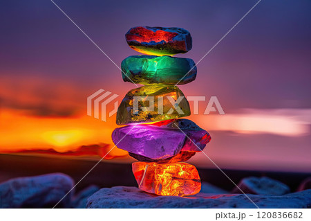 Colorful Agate Stone Stack Against Dramatic Sunset Sky for Nature and Wellness Design 120836682