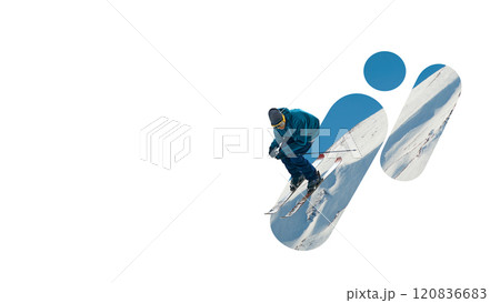 Contemporary art collage. Skier speeding down slopes, embodying spirit of adventure and beauty of alpine landscapes. Pure winter sports action. 120836683