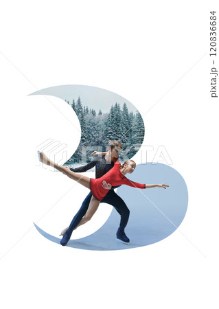 Contemporary art collage. Pair of figure skaters showcasing their talent and poise on ice, with serene snowy forest in background. Elegance meets winter. 120836684
