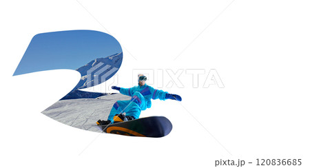 Contemporary art collage. Adventurous snowboarder in mid-jump during exhilarating downhill run, showcasing excitement and energy of extreme winter sports. 120836685