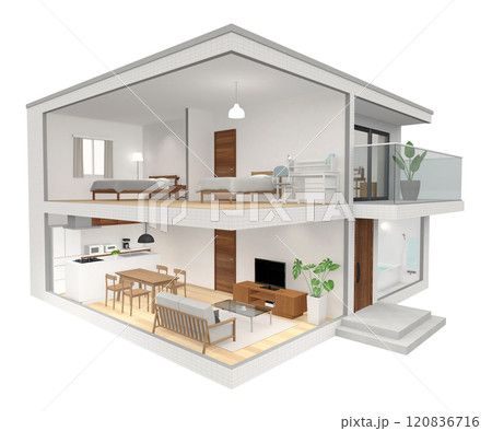 二階建て住宅の斜めから見た断面CGパース 120836716