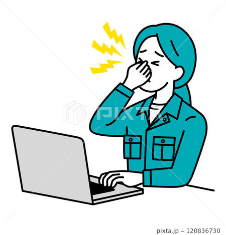 ノートパソコンでの仕事中に眼精疲労がつらい作業員の女性 ノートパソコンでの仕事中に眼精疲労がつらい作業員の女性 120836730