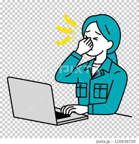 一名女工在筆記型電腦上工作時眼睛疲勞 一名女工在筆記型電腦上工作時眼睛疲勞 120836730