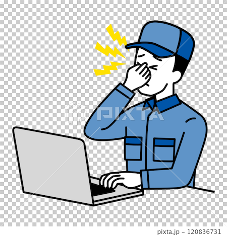 一名穿著工作服的男子在筆記型電腦上工作時眼睛疲勞 120836731