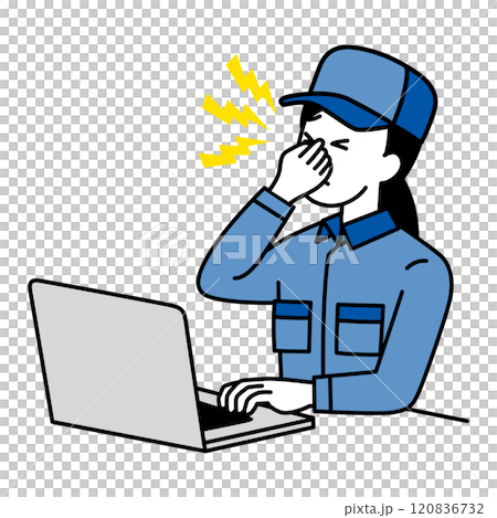 一名穿著工作服的女士在筆記型電腦上工作時眼睛疲勞 120836732