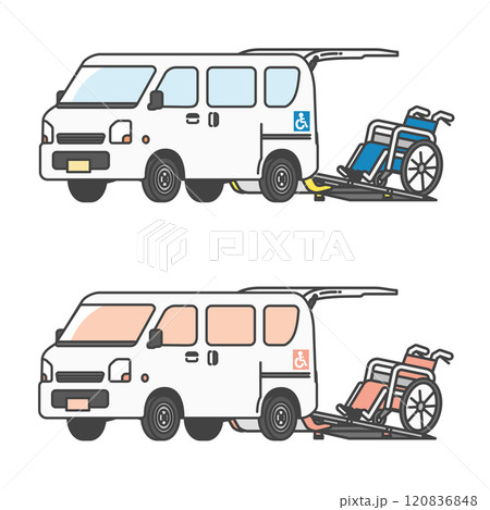 車椅子を搭載するリフト付きの軽自動車介護タクシー・軽バンのイラスト(フルカラー&モノカラーset) 車椅子を搭載するリフト付きの軽自動車介護タクシー・軽バンのイラスト(フルカラー&モノカラーset) 120836848