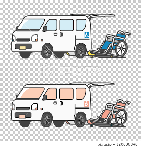 車椅子を搭載するリフト付きの軽自動車介護タクシー・軽バンのイラスト(フルカラー&モノカラーset) 車椅子を搭載するリフト付きの軽自動車介護タクシー・軽バンのイラスト(フルカラー&モノカラーset) 120836848