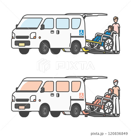 看護師・介護士と車椅子利用者の軽自動車介護タクシー・軽バンのイラスト(フルカラー＆モノカラーset) 120836849