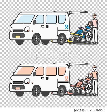 看護師・介護士と車椅子利用者の軽自動車介護タクシー・軽バンのイラスト(フルカラー＆モノカラーset) 120836849