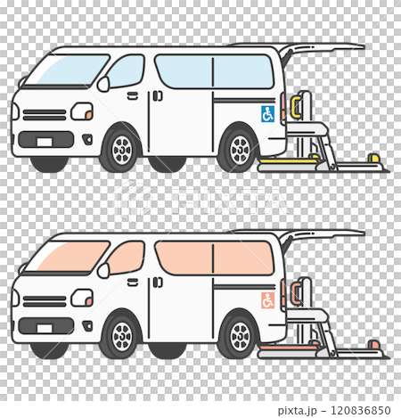 帶輪椅升降機的護理計程車/貨車插圖（全彩和單色套裝） 120836850