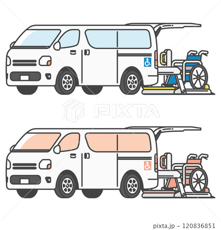 車椅子を搭載するリフト付きの介護タクシー・バンのイラスト(フルカラー・単色モノカラーのセット) 120836851