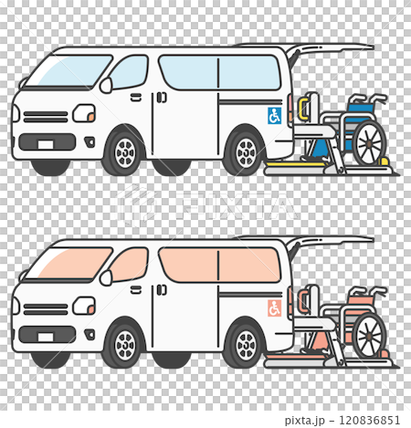 Illustration of a care taxi van with a lift for carrying wheelchairs (set of full color and single color) 120836851