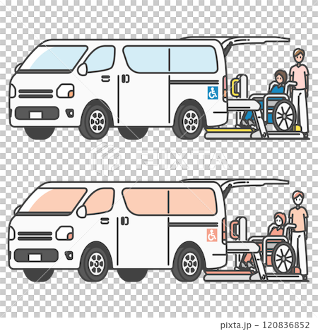 護士/護理人員和輪椅使用者使用的護理計程車/貨車插圖（全彩/單色套裝） 120836852