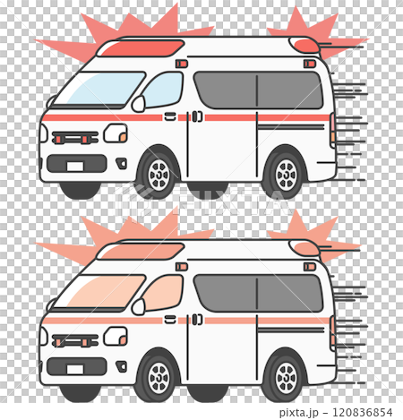日本救護車在緊急情況下拉警報並駕駛的插圖（全彩和單色集） 120836854