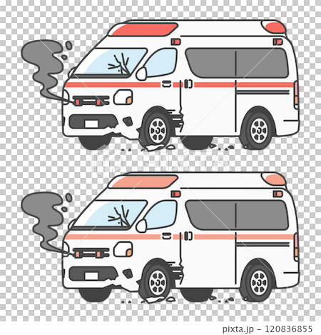 日本の救急車、衝突事故で壊れてしまったイラスト(フルカラー・単色モノカラーのセット) 日本の救急車、衝突事故で壊れてしまったイラスト(フルカラー・単色モノカラーのセット) 120836855