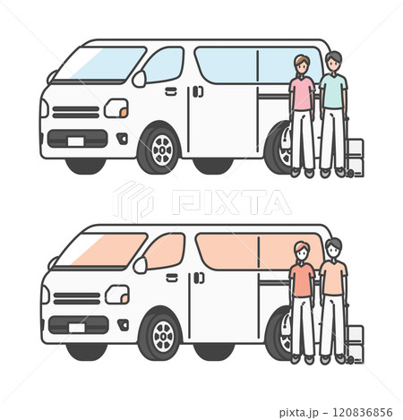 在宅医療や往診に活躍する往診車のバン、医師と看護師・介護士 (フルカラー＆モノカラーset)  120836856