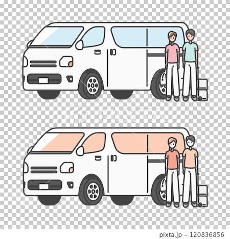 A van for home medical care and house calls, with a doctor, nurse, and caregiver (full color and monochrome set) 120836856